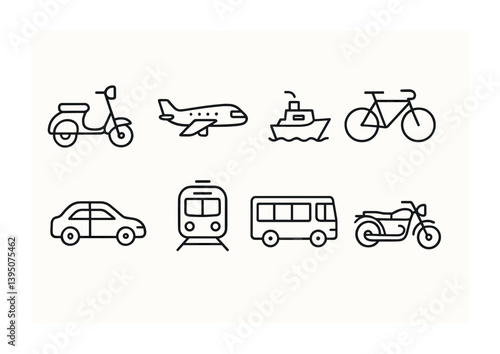 Transportation icons set - linear style featuring car, bicycle, airplane, and more