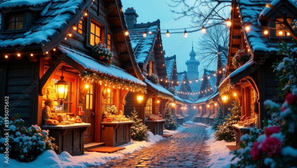 Obraz premium Enchanted Winter Village Street Scene Cozy Wooden Houses Adorned with Festive Lights and Snow-Covered Roofs, Creating a Magical Holiday Atmosphere