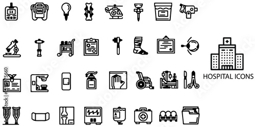 Hospital simple concept 32 icons set. Contain such Collection of vaccination, doctor, laboratory and more .Vector illustration.