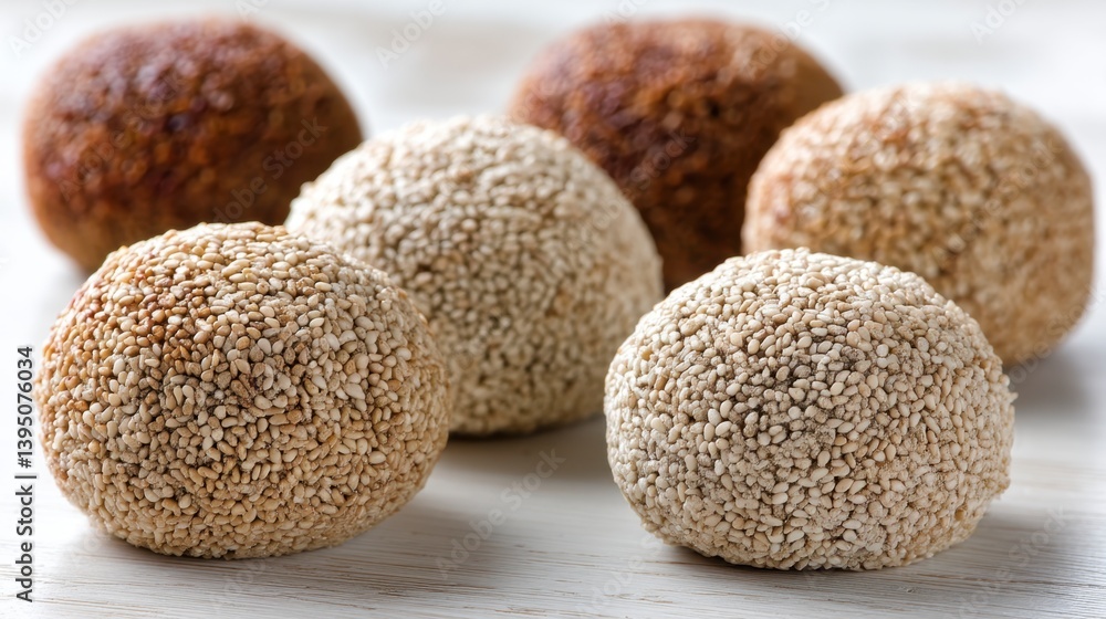 Close up of six round, textured food items, varying in shades of light and dark brown, arranged on a white textured surface. Close up of six round, textured food items, varying in shades of light and dark brown, arranged on a white textured surface.