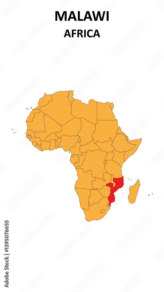 Obraz premium Malawi Map is highlighted on the Africa with detailed state and region outlines.