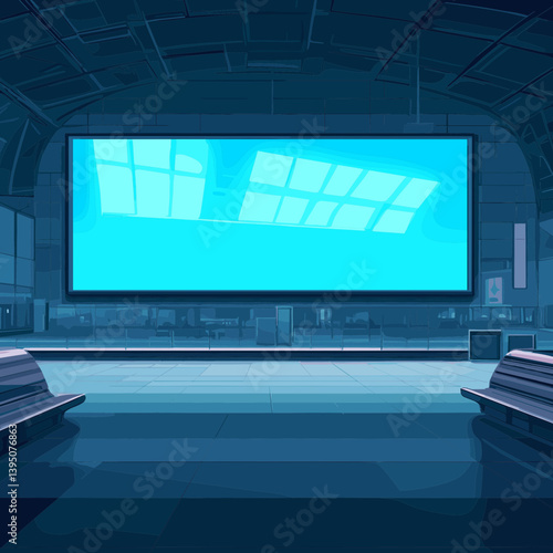 Empty Subway Station with Large Cyan Digital Billboard