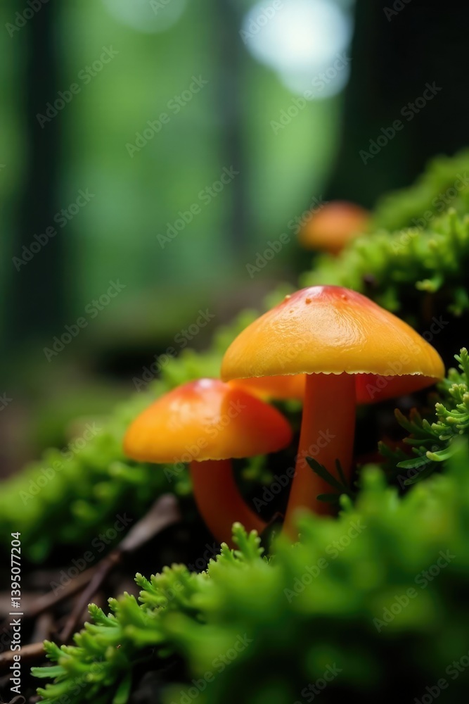 Fototapeta premium Orange-colored fungal gills on a mossy forest floor, nature, wild,