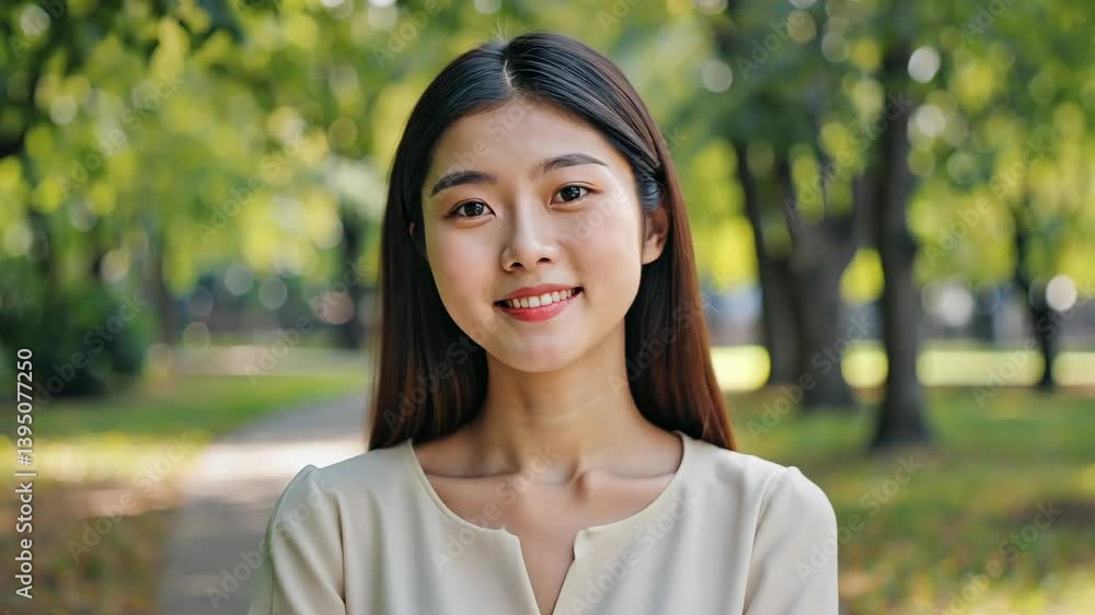 Young woman smiles warmly while enjoying a sunny day in a park surrounded by greenery Young woman smiles warmly while enjoying a sunny day in a park surrounded by greenery