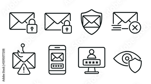 Cybersecurity email icons set: linear style for digital protection and privacy