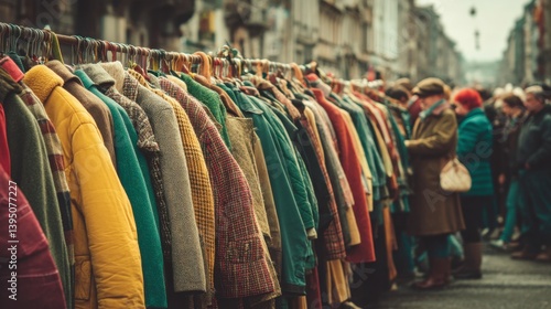 Wallpaper Mural Colorful coats and jackets hang on racks at an outdoor market, shoppers browse nearby. Torontodigital.ca
