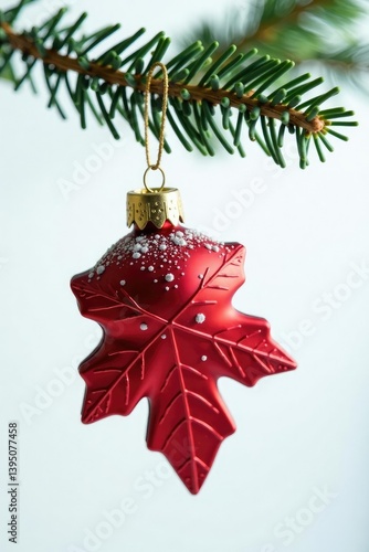 Ornament in shape of leaf hanging from Christmas tree branch on white background, ice, gift
