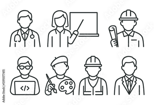 Professional occupations icon set - linear style: doctor, teacher, engineer, developer, artist, worker, businessman