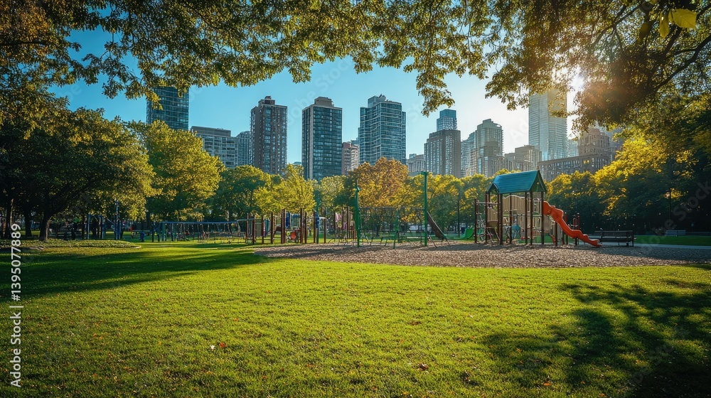 Fototapeta premium Urban park with playground and city skyline