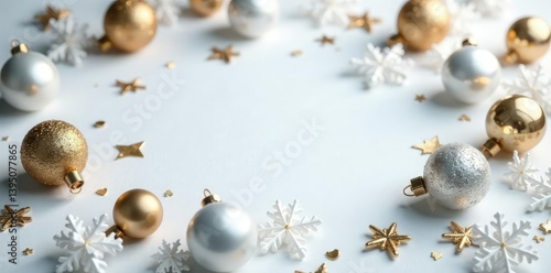 Ornate gold and silver ornaments scattered on a frosty white background, frosty, white, festive