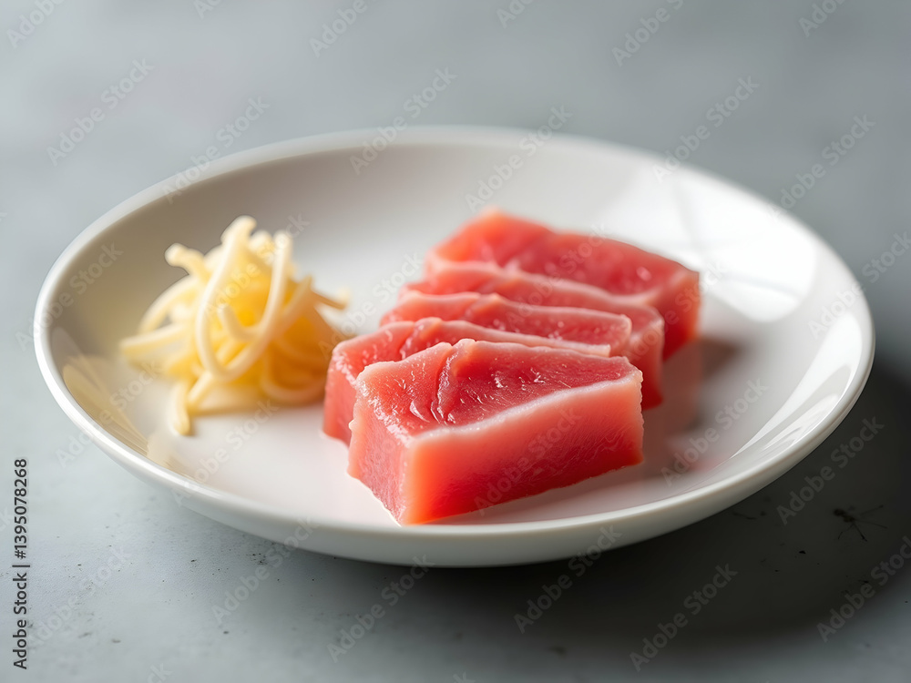 Fresh Tuna Sashimi with Ginger on White Plate, Exquisite Culinary Delights and Vibrant Colors, Perfect for Food Photography and Gourmet Presentations Fresh Tuna Sashimi with Ginger on White Plate, Exquisite Culinary Delights and Vibrant Colors, Perfect for Food Photography and Gourmet Presentations