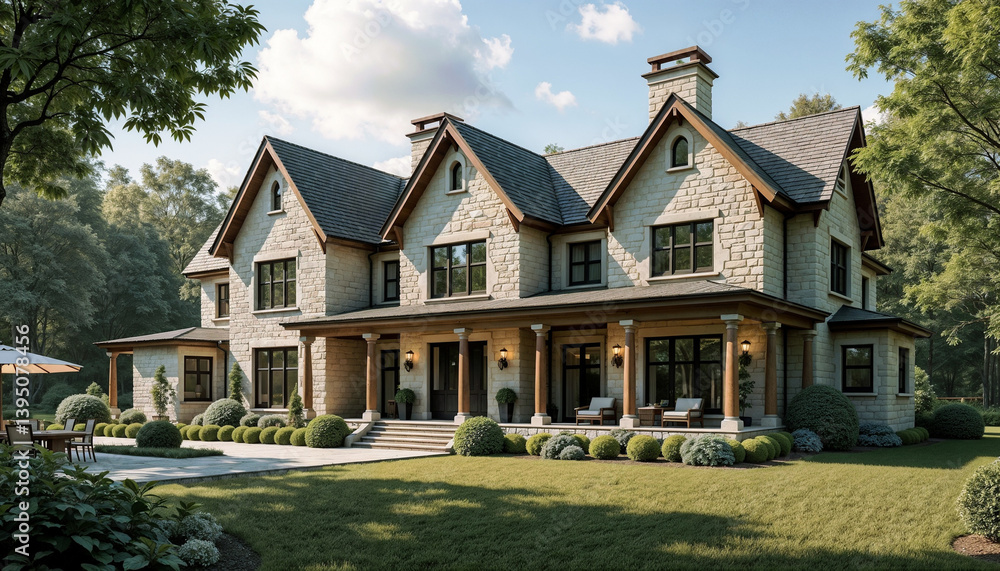 Obraz premium English Country Manor with Stone Facade and Wrap-Around Porch