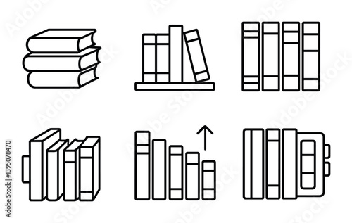 Minimalist library icons set – linear style collection of book arrangements and shelves