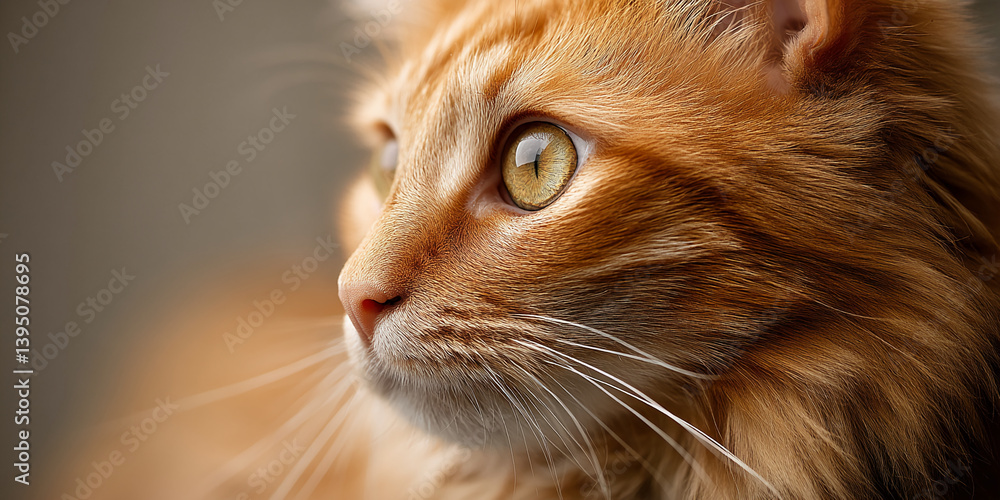 Close-up of ginger cat's profile, showcasing orange fur texture and amber eyes, representing feline grace and wild beauty, ideal for pet or animal themes Close-up of ginger cat's profile, showcasing orange fur texture and amber eyes, representing feline grace and wild beauty, ideal for pet or animal themes