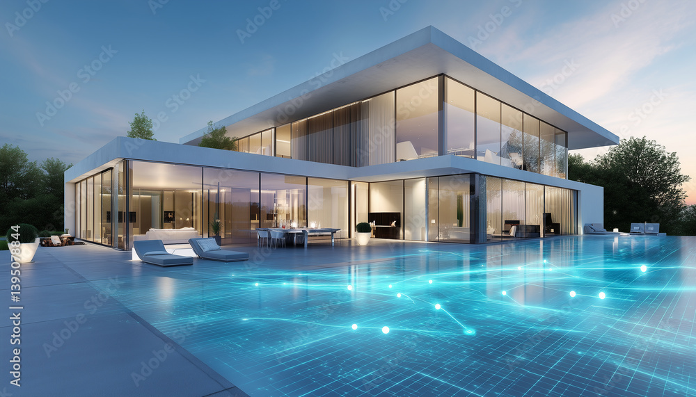 Fototapeta premium Modern luxury villa with a swimming pool at night. 