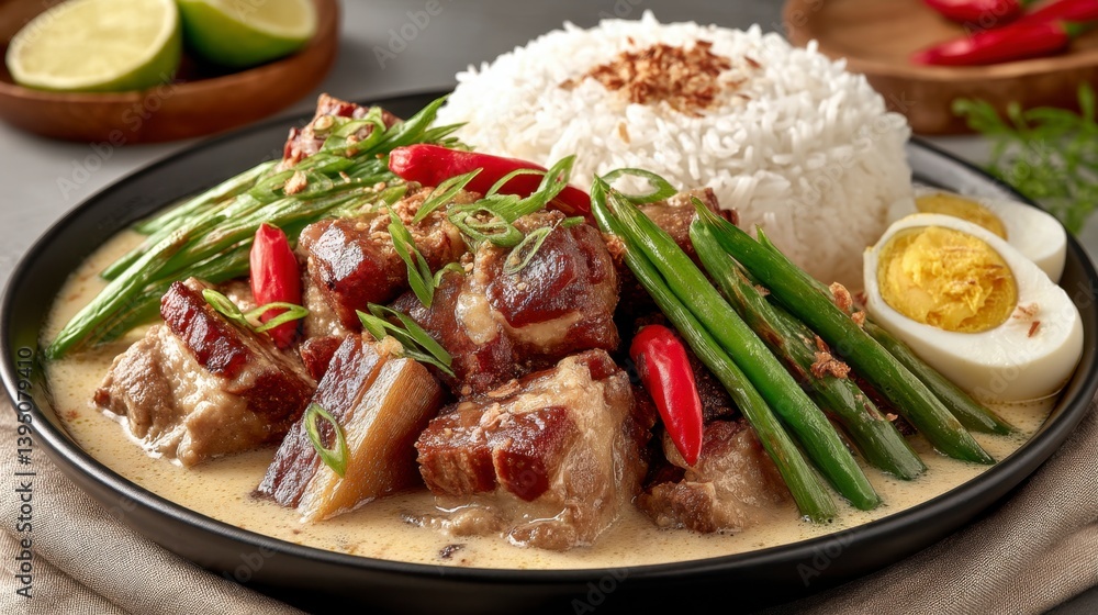Creamy pork stew with green beans, rice, and soft boiled egg. Creamy pork stew with green beans, rice, and soft boiled egg.
