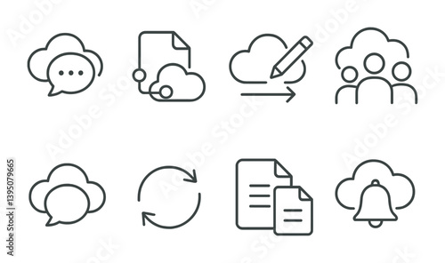 Cloud communication and collaboration icons set in linear style for digital tools