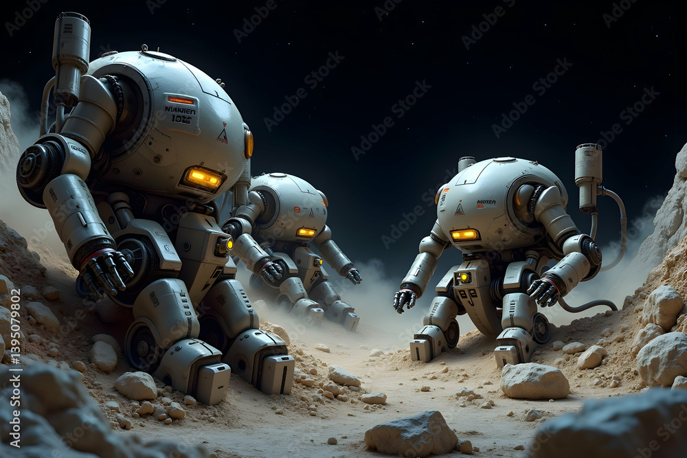 Fototapeta premium Futuristic asteroid mining robots operating on a desolate planetary landscape under a starry sky, showcasing advanced technology and resource extraction