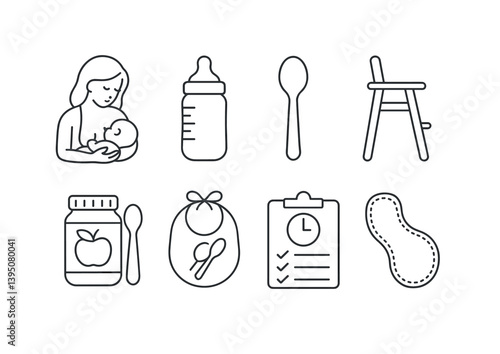 Essential baby feeding icons set in linear style for parenting and care needs
