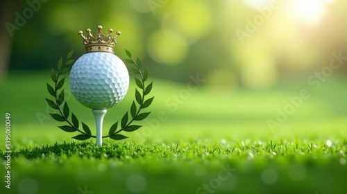 A Golf Ball Adorned with a Golden Crown and Laurel Wreath Rests on a Tee in Lush Green Grass