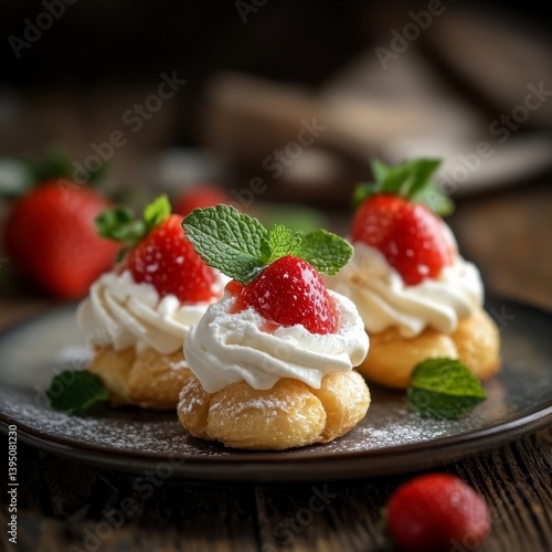 Gourmet profiteroles: cream, strawberries, mint. Selective focus.
