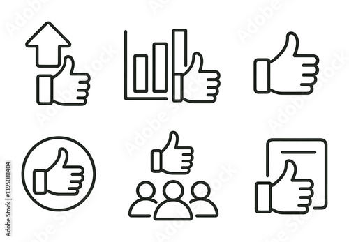 Thumbs up linear icon set: upvote, graph, approval, community, agreement
