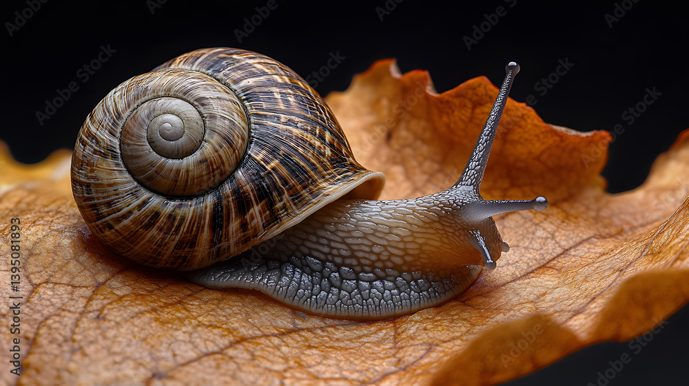 A macro photography of a garden snail resting on the edge of a leaf, the texture of its shell and body brought to life with exceptional detail.