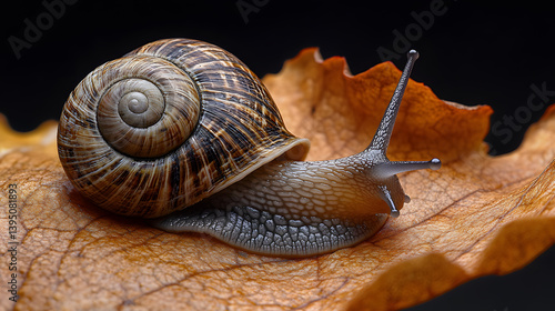 Obraz na płótnie A macro photography of a garden snail resting on the edge of a leaf, the texture of its shell and body brought to life with exceptional detail. w salonie