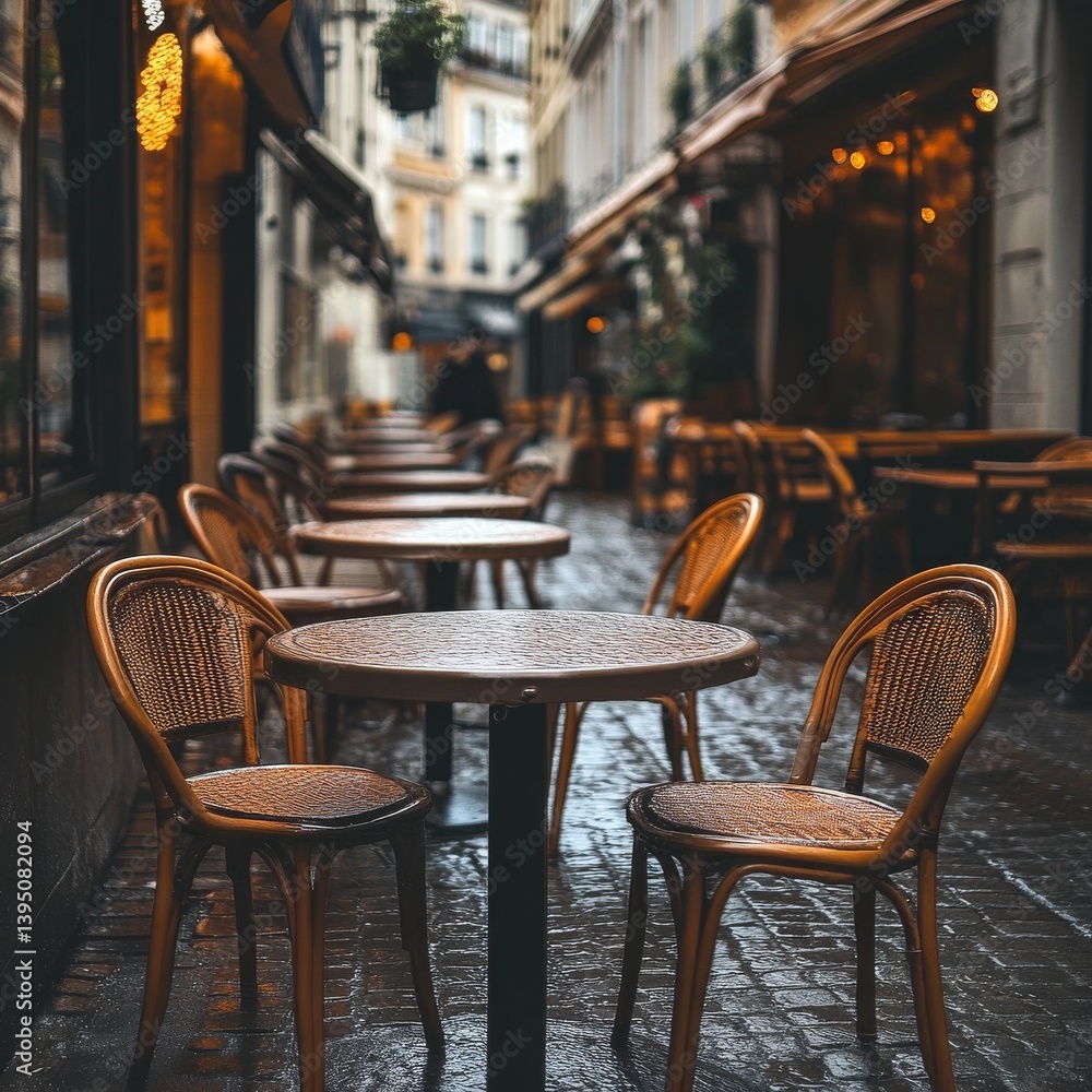 Empty street cafe seating.