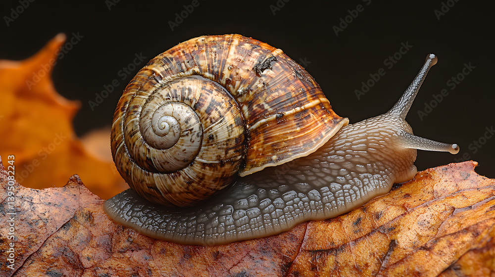 A macro photography of a garden snail resting on the edge of a leaf, the texture of its shell and body brought to life with exceptional detail.