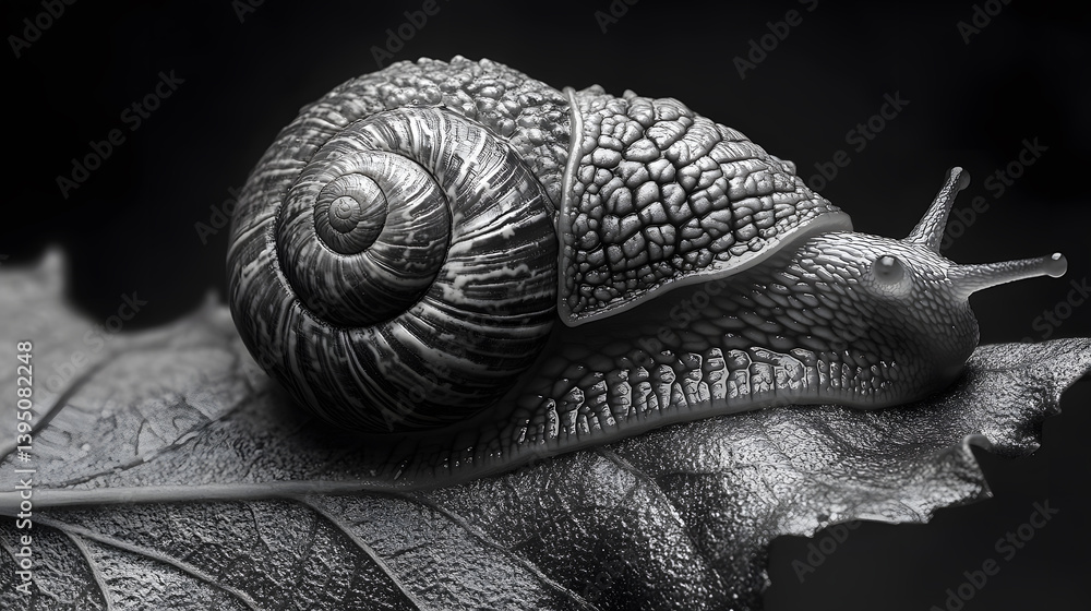 A macro photography of a garden snail resting on the edge of a leaf, the texture of its shell and body brought to life with exceptional detail.