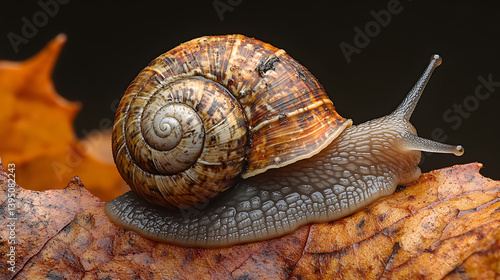 Obraz na płótnie A macro photography of a garden snail resting on the edge of a leaf, the texture of its shell and body brought to life with exceptional detail. w salonie