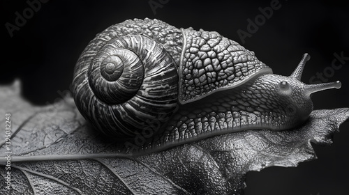 Obraz na płótnie A macro photography of a garden snail resting on the edge of a leaf, the texture of its shell and body brought to life with exceptional detail. w salonie