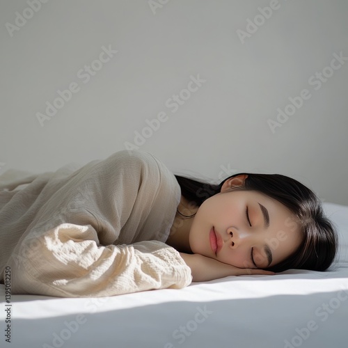 Beautiful Asian girl asleep on white bed.