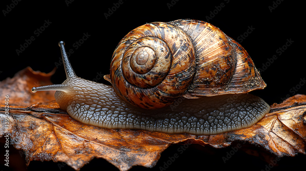 A macro photography of a garden snail resting on the edge of a leaf, the texture of its shell and body brought to life with exceptional detail.