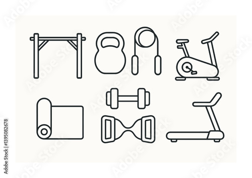 Linear gym equipment icons set: exercise bike, kettlebell, dumbbell, treadmill, jump rope, mat