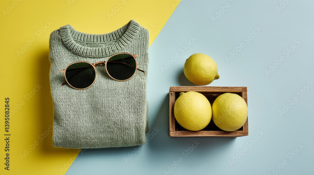 Green knit and fresh lemons on color split background for energetic summer fashion and citrus branding