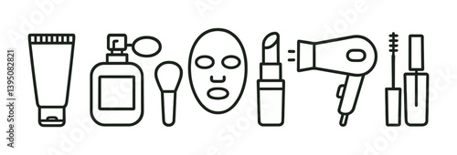 Essential beauty tools and cosmetics linear icon set for skincare and makeup
