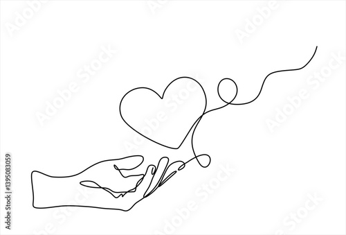 One continuous line drawing of hands holding heart. Concept of love relationship and volunteer organisation symbol in simple linear style. Editable stroke. Doodle Vector illustration