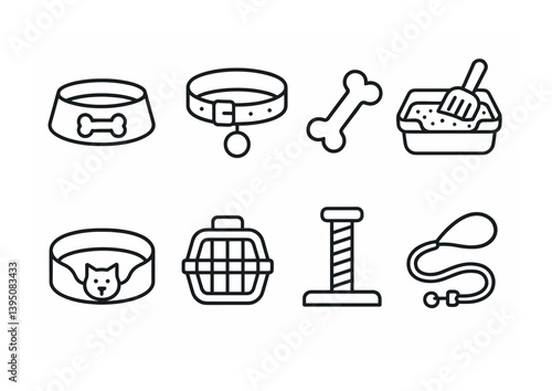 Linear pet care icons set: feeding, grooming, and play essentials for cats and dogs
