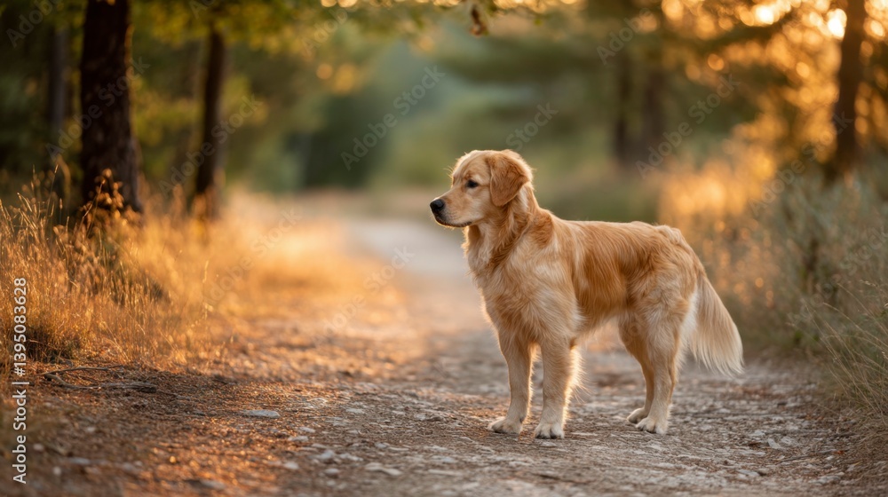 Golden retriever strolling on a path, bathed in warm evening light, embodying peaceful companionship with nature. Golden retriever strolling on a path, bathed in warm evening light, embodying peaceful companionship with nature.
