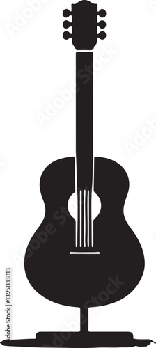 Black acoustic guitar vector illustration, a classic string musical instrument isolated on white