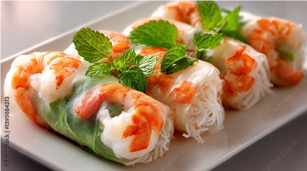 Fresh shrimp spring rolls garnished with mint leaves, served on a white rectangular plate. Close up view. Fresh shrimp spring rolls garnished with mint leaves, served on a white rectangular plate. Close up view.