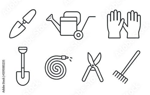Essential linear gardening tools icons set: spade, hose, pruner, and more