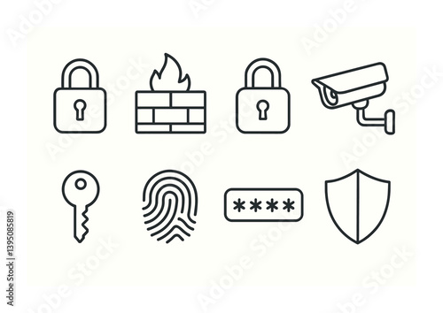 Security and protection icons set: locks, cameras, and more in linear style