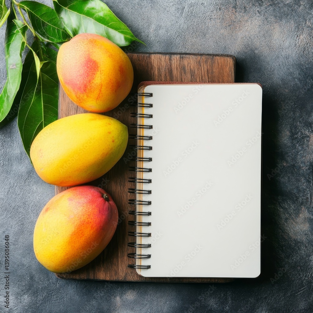 Mangoes, notebook, flat lay. Space for text.