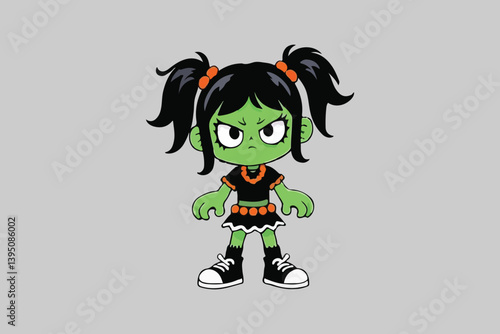 Three Views of a Cute Green Zombie Girl Cartoon Character