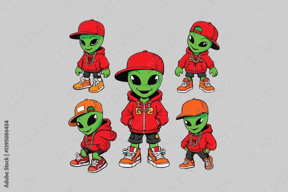 Obraz premium Five Cool Cartoon Aliens Wearing Hoodies and Baseball Caps