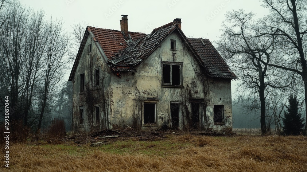 An abandoned, weathered house stands alone in a barren field, surrounded by leafless trees, telling stories of time and solitude amidst a misty backdrop. An abandoned, weathered house stands alone in a barren field, surrounded by leafless trees, telling stories of time and solitude amidst a misty backdrop.
