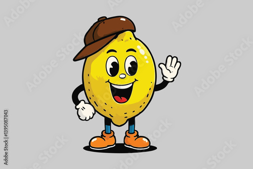 Cheerful Cartoon Lemon Character Waving with Cap and Shoes